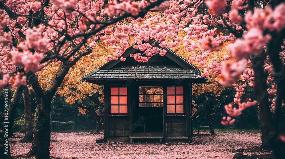 A traditional Japanese house nestled amongst a canopy of blooming cherry blossom trees. A traditional Japanese house nestled amongst a canopy of blooming cherry blossom trees.