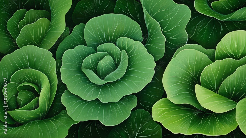 Fototapeta premium Close View of Cabbage Plants with Tightly Folded Leaves and Textured Lines