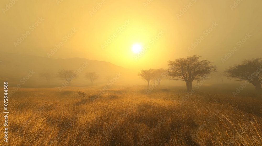Golden savanna with scattered acacia trees, a large sun setting in a hazy sky Golden savanna with scattered acacia trees, a large sun setting in a hazy sky