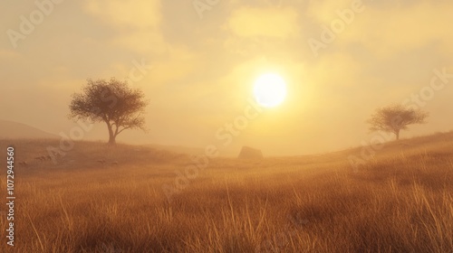 Golden savanna with scattered acacia trees, a large sun setting in a hazy sky