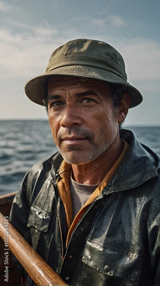 Obraz premium A seasoned fisherman navigates the tranquil waters at dawn, reflecting on a lifetime of stories under the early morning sky. Generative AI