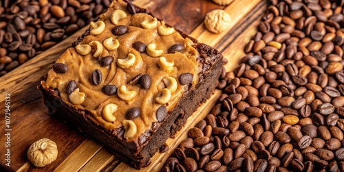 A decadent chocolate brownie topped with a creamy caramel frosting, garnished with roasted coffee beans and crunchy cashews, making for a delicious and indulgent dessert.