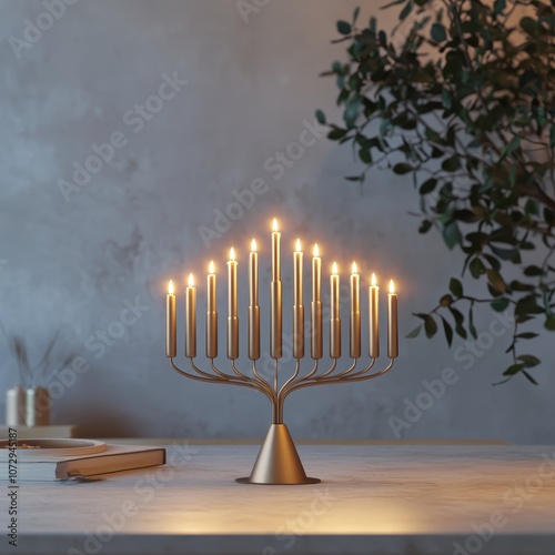 Elegant Gold Menorah with Flickering Candles Illuminating a Simple Modern Table in a Minimalist Decor Setting for Celebrating Traditions and Festive Moments