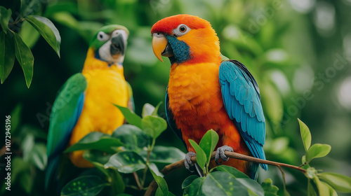 Vibrant Macaws in Lush Foliage 
