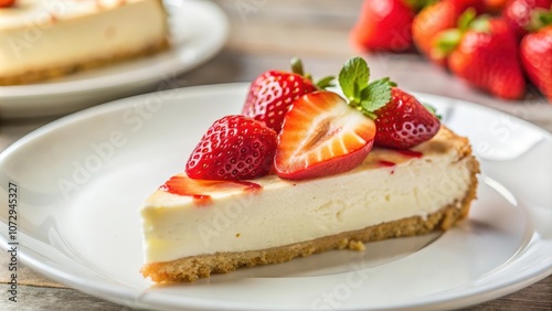 A slice of cheesecake with fresh strawberries and a sprig of mint on a white plate