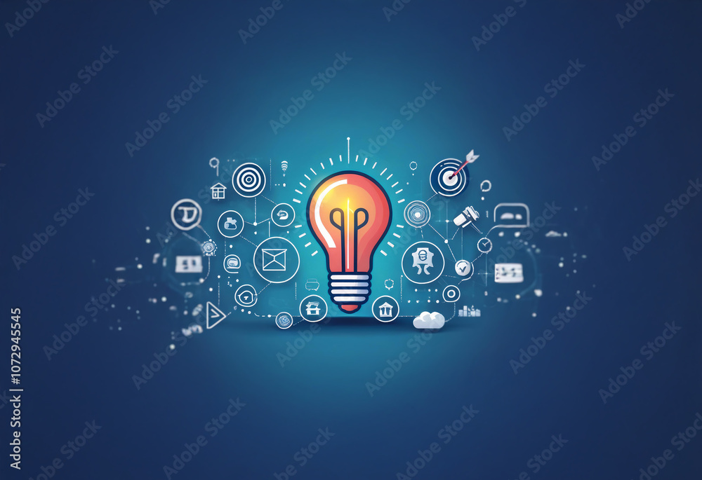 A glowing lightbulb surrounded by various connected icons against a blue background.