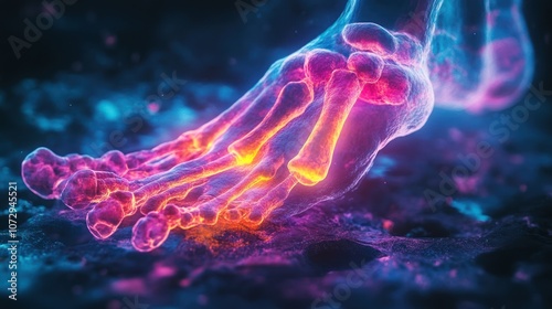 A close-up view of a human foot, rendered in a 3D style. The bones of the foot are glowing with a vibrant color, suggesting motion, energy, or pain. photo