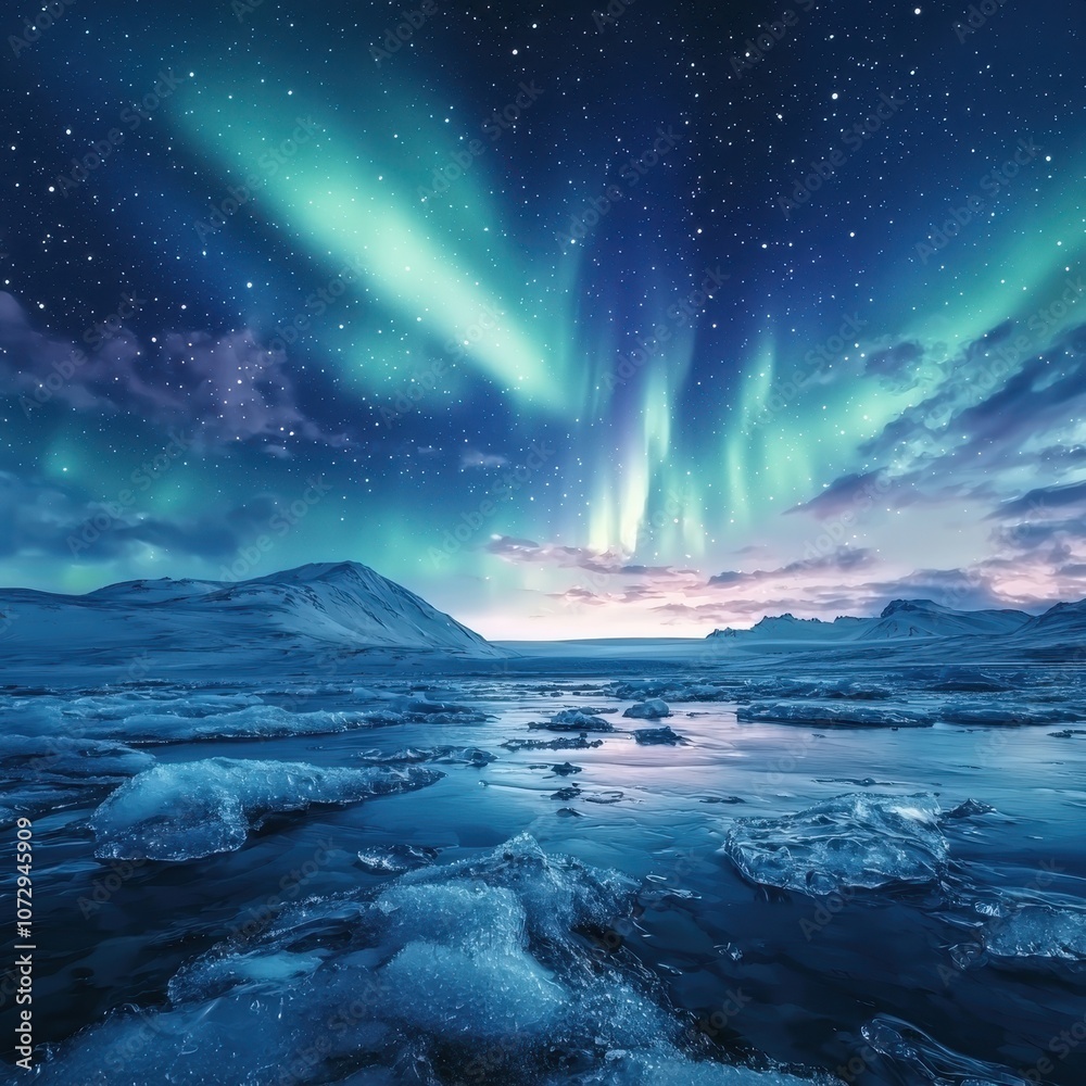 Stunning Arctic Landscape with Turquoise Aurora Borealis and Ice Formations Reflecting in a Calm Body of Water Under a Starry Night Sky Stunning Arctic Landscape with Turquoise Aurora Borealis and Ice Formations Reflecting in a Calm Body of Water Under a Starry Night Sky