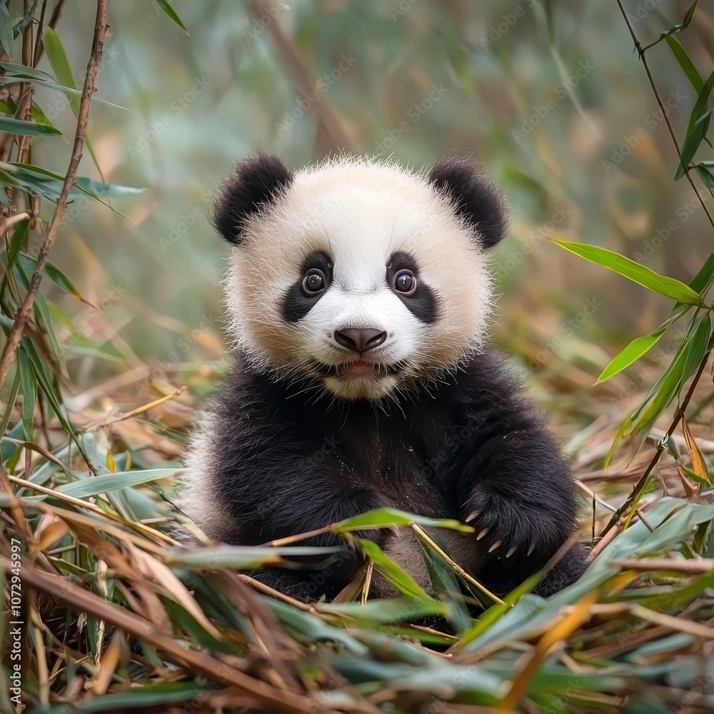 Fototapeta premium Adorable Baby Panda Surrounded by Bamboo in a Natural Habitat, Captivating Expression of Curiosity and Playfulness, Perfect for Wildlife Enthusiasts and Nature Lovers