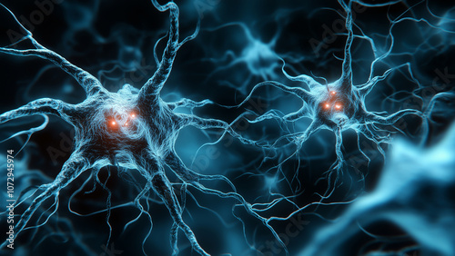 A conceptual image showcasing two neuron cells against a dark backdrop illuminated with a soft blue hue. For neuron, brain, and neuroscience themes.