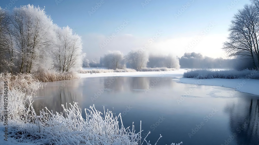Frosty Trees Reflecting in a Still Winter Lake