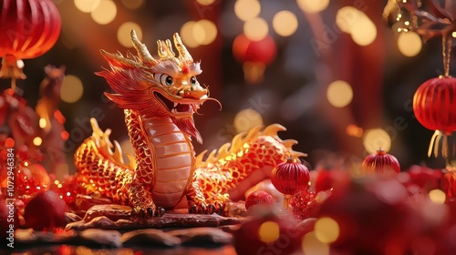 Vibrant Chinese Dragon Sculpture Surrounded by Red Lanterns and Festive Decorations, Symbolizing Prosperity and Good Fortune During Lunar New Year Celebrations