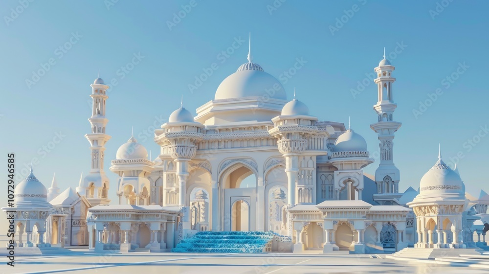 Fototapeta premium White ornate building with multiple domes and minarets.
