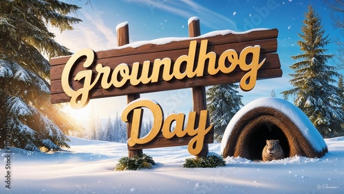 Wooden Groundhog Day sign in a snowy landscape with a burrowing groundhog and warm sunlight