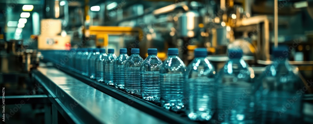 A factory conveyor line showcases rows of plastic water bottles in a bustling production environment. A factory conveyor line showcases rows of plastic water bottles in a bustling production environment.