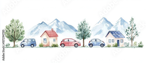 A charming illustration of colorful houses and cars set against a backdrop of mountains and trees, conveying a peaceful suburban atmosphere.
