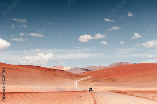 Obraz na płótnie Altiplano plateau, Bolivia. Off-road cars driving on the road in the desert. w salonie