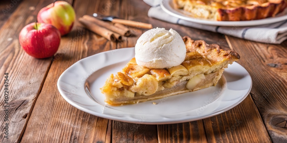 A Slice of Warm Apple Pie Topped with a Scoop of Vanilla Ice Cream, Served on a White Plate on a Rustic Wooden Table A Slice of Warm Apple Pie Topped with a Scoop of Vanilla Ice Cream, Served on a White Plate on a Rustic Wooden Table
