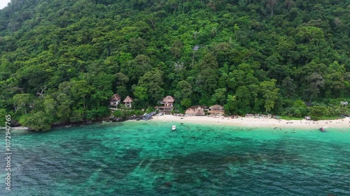 Aerial drone shot of a beatiful resort situated in the island of palawan.Pinagbuyutan Island  photo