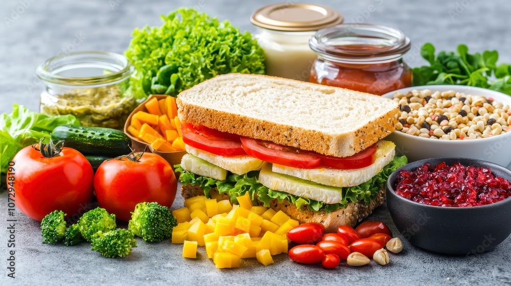 Fresh Ingredients for Healthy Sandwich Preparation with Vibrant Vegetables, Juicy Tomatoes, and Colorful Garnishes on a Gray Background