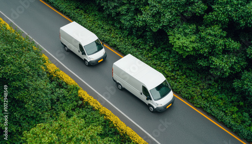 Two white vans drive along a tree-lined road, surrounded by lush greenery and vibrant yellow flowers. photo