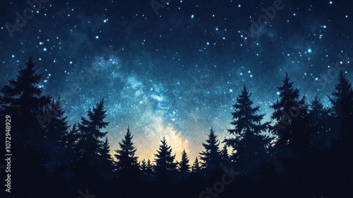 Silhouetted pine trees stand tall against a breathtaking backdrop of a starry night sky, the Milky Way stretching across the horizon.