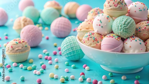 Pastel-colored cake pops in a white bowl with colorful sprinkles scattered on a blue background.