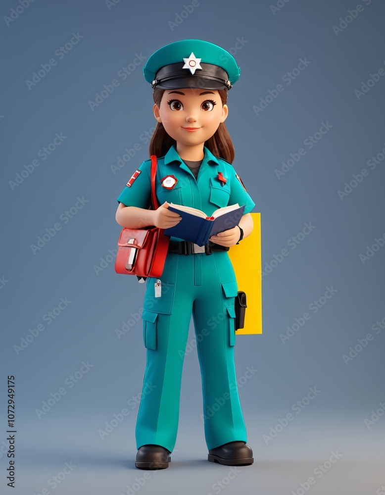 Smiling cartoon nurse reading a book in uniform with bag against blue background Smiling cartoon nurse reading a book in uniform with bag against blue background