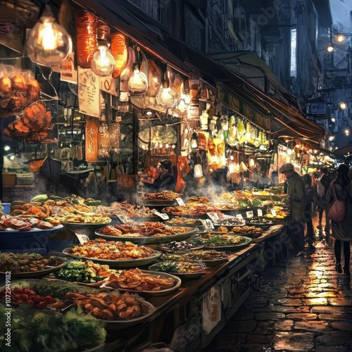 Un puesto de comida callejera lleno de platos variados de carne y vegetales, bajo luces colgantes que iluminan el ambiente. Gente en el fondo caminando por el mercado. photo