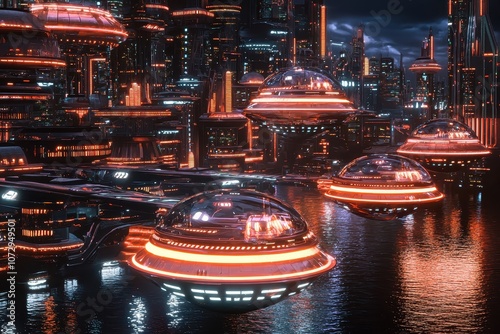 Futuristic Cityscape with Neon UFOs and Reflective Waters at Night, Featuring Vibrant Lights and Advanced Technology in an Urban Environment photo