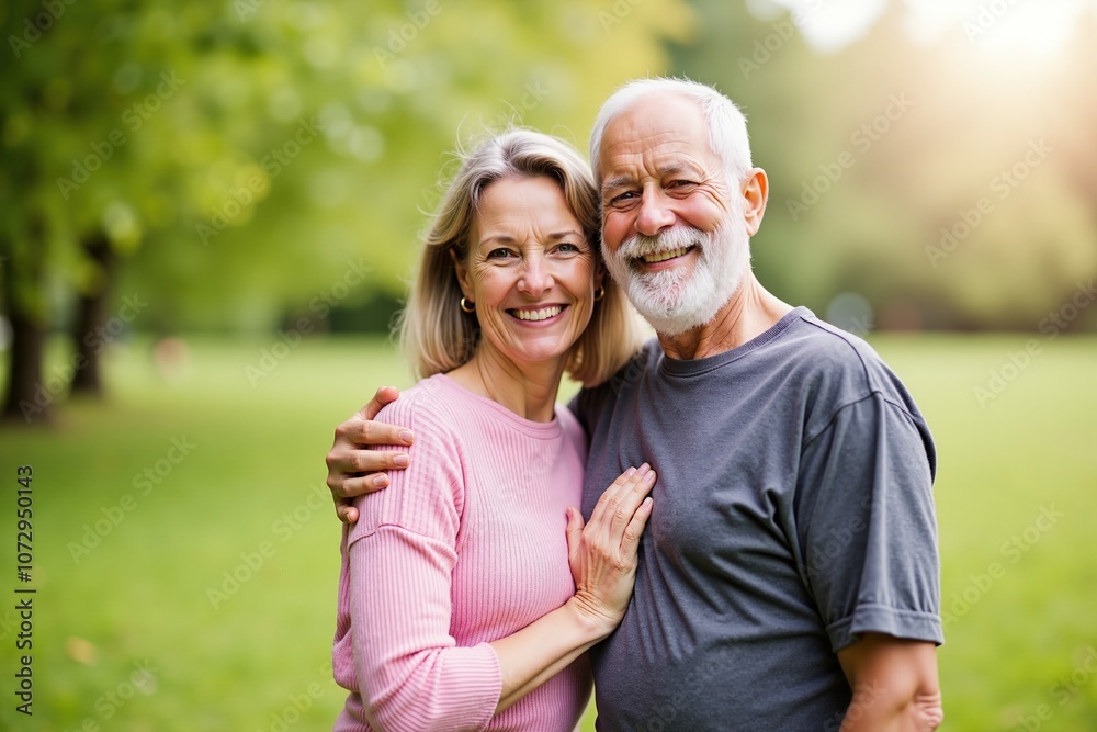 Happy senior couple embracing in sunlit park, smiling and enjoying outdoor lifestyle Happy senior couple embracing in sunlit park, smiling and enjoying outdoor lifestyle