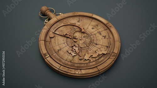 Wooden astrolabe with intricate markings on a grey background. photo