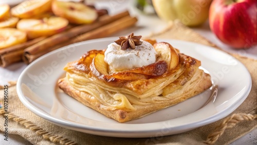 A crispy pastry filled with apples, topped with whipped cream and a star anise, resting on a white plate