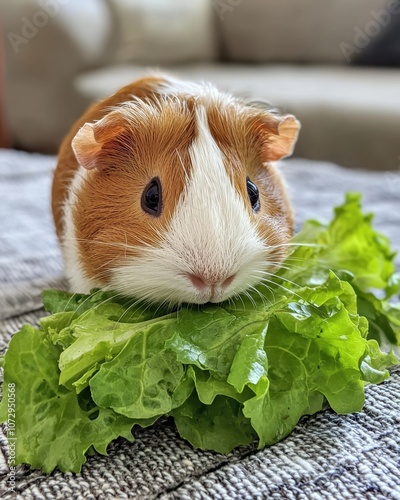 Adorable guinea pig on a cozy sofa surrounded by fresh green lettuce, showcasing its fluffy fur and curious expression in a vibrant home setting