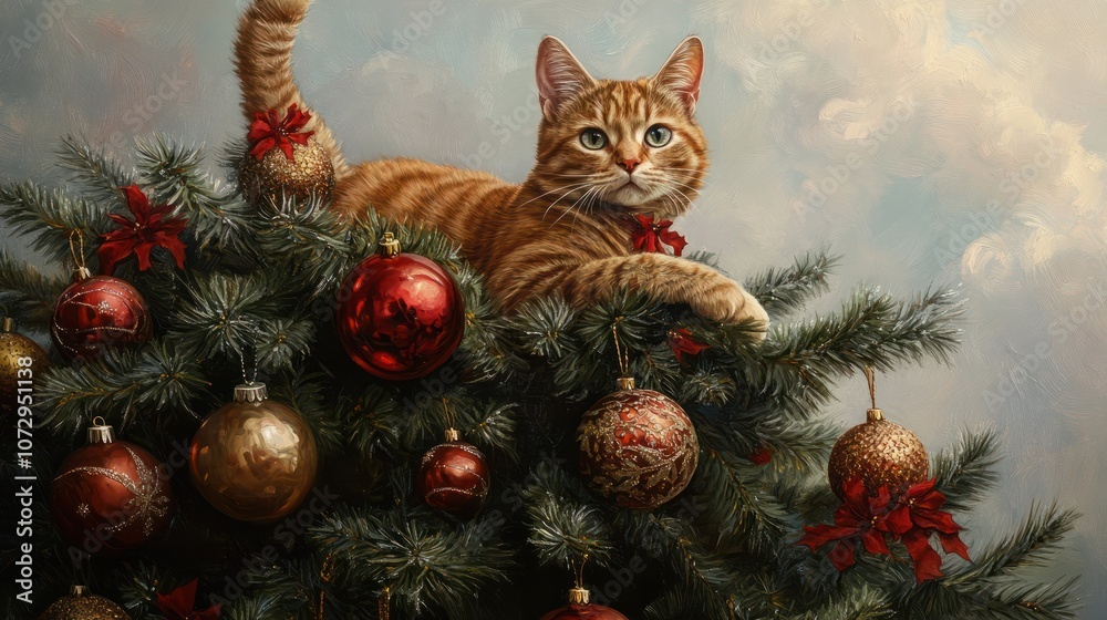 Obraz premium A cat sitting on top of a christmas tree with ornaments