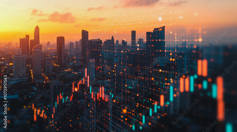 Fototapeta premium Abstract business team stands on the peak of success amid tall, innovative Smart city and graphs with statistics to analyze business potential and predict future developments in company growth.