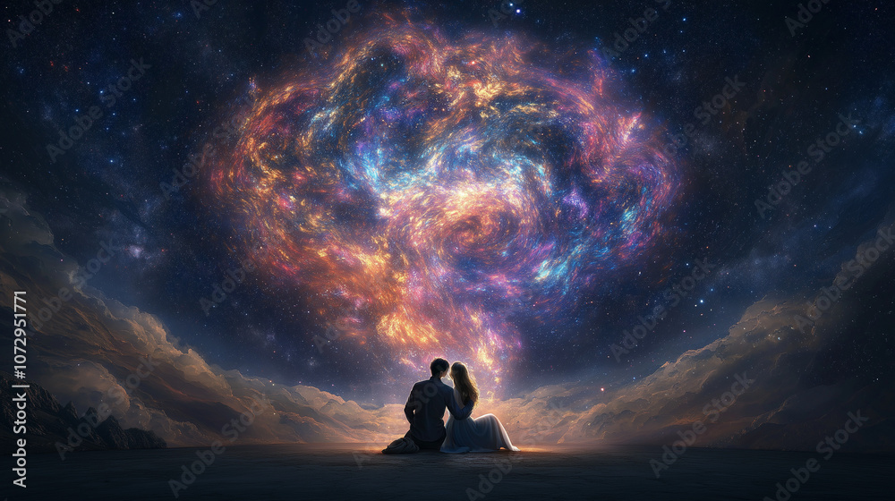 Cosmic Love: A breathtaking digital painting of a couple silhouetted against a vibrant nebula, their connection mirroring the celestial spectacle above. Cosmic Love: A breathtaking digital painting of a couple silhouetted against a vibrant nebula, their connection mirroring the celestial spectacle above.