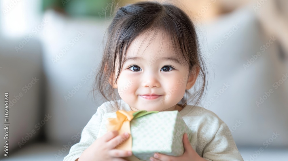 A joyful child holding a gift, showcasing innocence and delight in a cozy indoor setting. A joyful child holding a gift, showcasing innocence and delight in a cozy indoor setting.