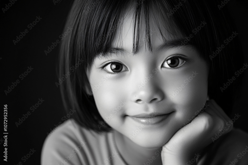 Captivating Black White Portrait Young Asian Girl Hand on Chin, Expressing Innocence Warmth Through Subtle Smile Bright Eyes in Soft Lighting,fine,art,wall,decor,teen,toddler,childhood,child,kid Captivating Black White Portrait Young Asian Girl Hand on Chin, Expressing Innocence Warmth Through Subtle Smile Bright Eyes in Soft Lighting,fine,art,wall,decor,teen,toddler,childhood,child,kid