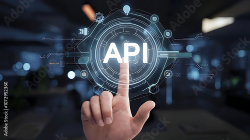 API application programming interface, a finger touch a hologram virtual interface that hologram of API, API integration, API development, JSON, API documentation,  photo