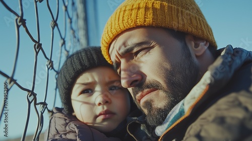 sad homeless immigrant father sitting with his little kid near barbed border fence waiting for border crossing  photo