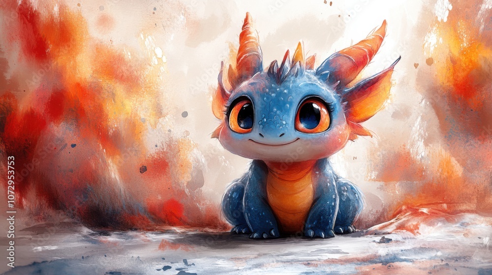 Cute Chubby Pet Dragon with Big Eyes: A Whimsical Watercolor Hand-Painted Delight