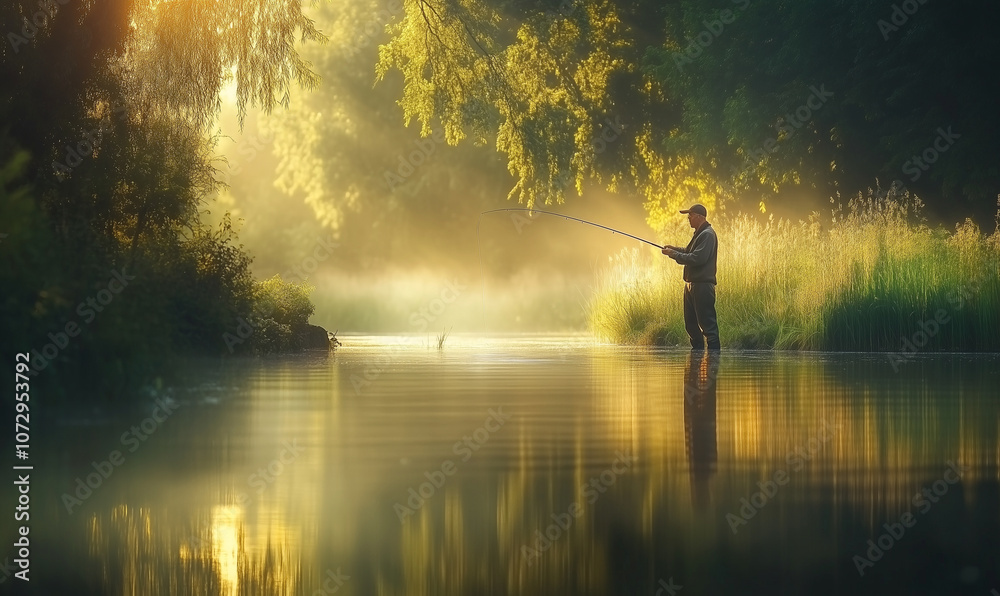 Man fishing in the pond in the morning in a beautiful summer landscape, generated by ai Man fishing in the pond in the morning in a beautiful summer landscape, generated by ai