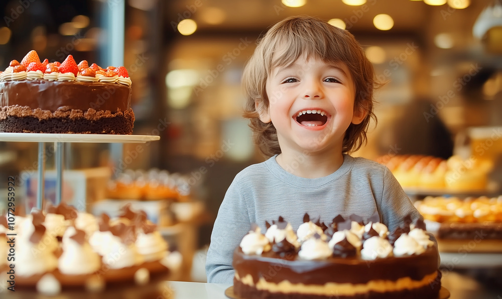 Happy kid in a chocolate cake store, world of cakes concept, generated by ai Happy kid in a chocolate cake store, world of cakes concept, generated by ai
