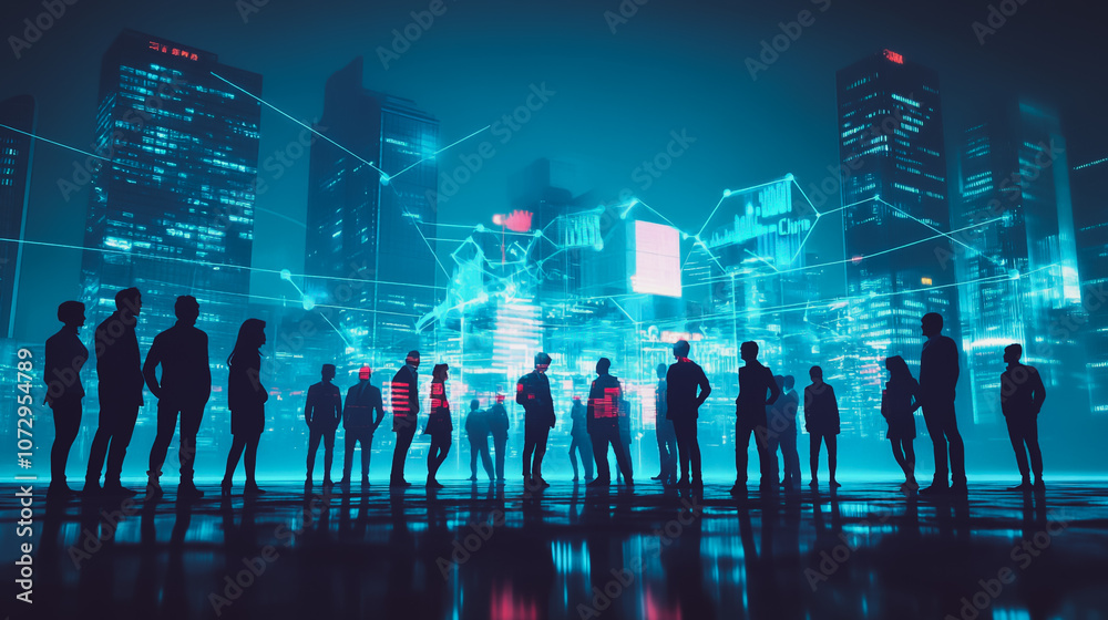 Obraz premium Abstract business team stands on the peak of success amid tall, innovative Smart city and graphs with statistics to analyze business potential and predict future developments in company growth.