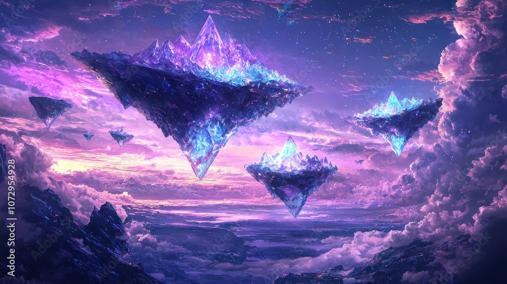 Obraz premium Stunning Digital Artwork of Floating Crystalline Mountains in a Magical Sky with Vivid Colors and Ethereal Clouds at Dusk