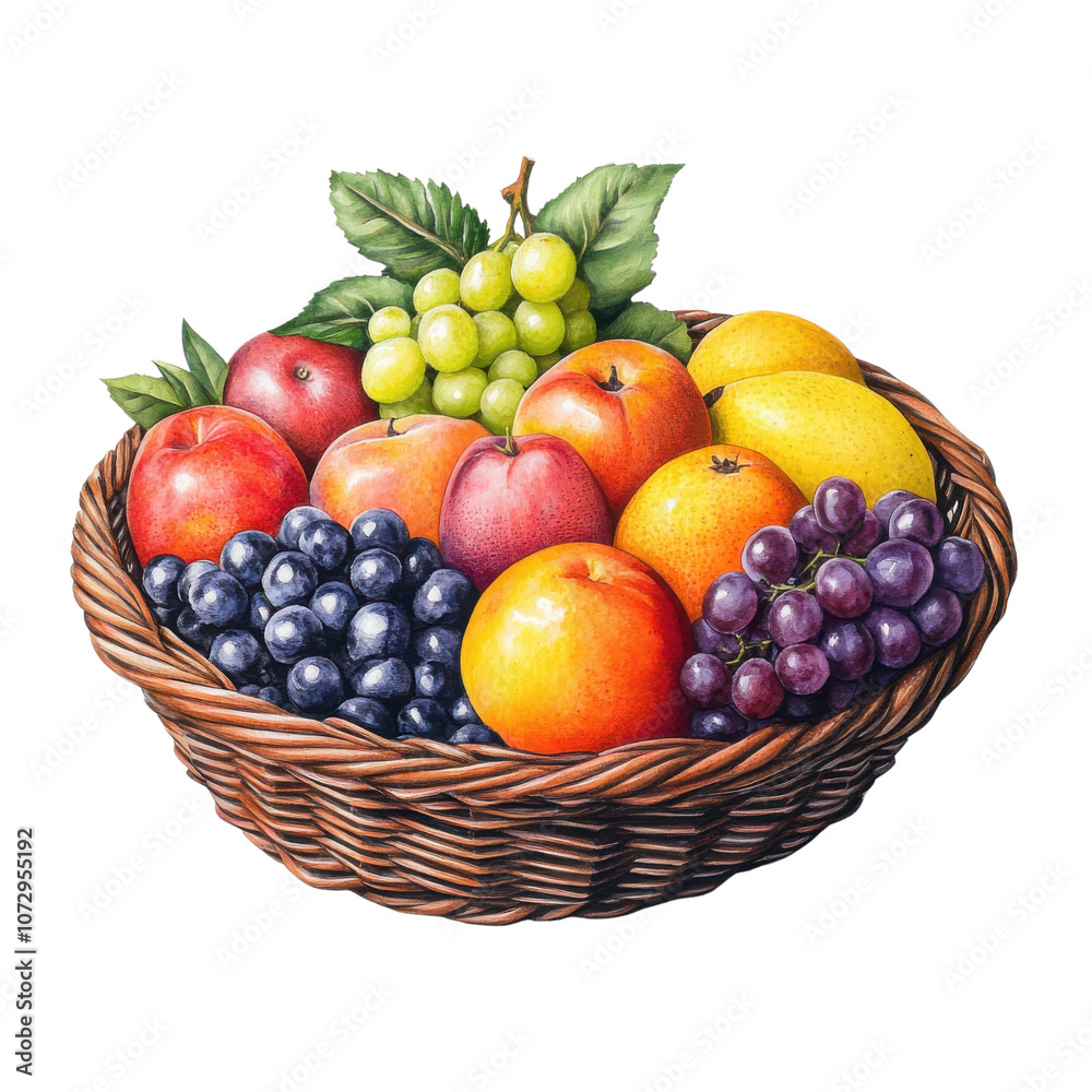 A vibrant basket filled with fresh fruits including apples, grapes, oranges, and lemons, showcasing a colorful assortment of nature's bounty. A vibrant basket filled with fresh fruits including apples, grapes, oranges, and lemons, showcasing a colorful assortment of nature's bounty.