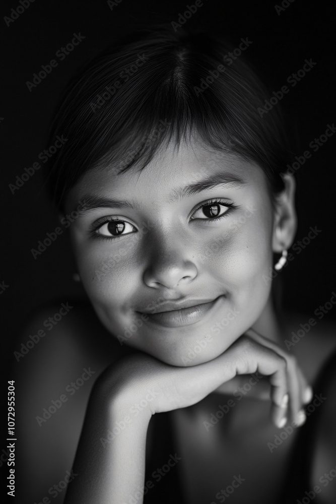 Monochromatic close-up portraits young Indigenous girl resting hands on cheeks, capturing calm expressions,natural beauty,innocence high contrast dark background,kid,child,teen,fine,art,wall,decor, Monochromatic close-up portraits young Indigenous girl resting hands on cheeks, capturing calm expressions,natural beauty,innocence high contrast dark background,kid,child,teen,fine,art,wall,decor,