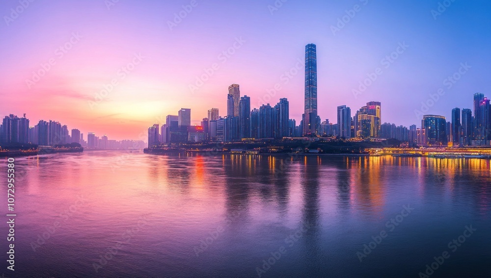 Fototapeta premium City Skyline at Sunset with Reflections in the Water