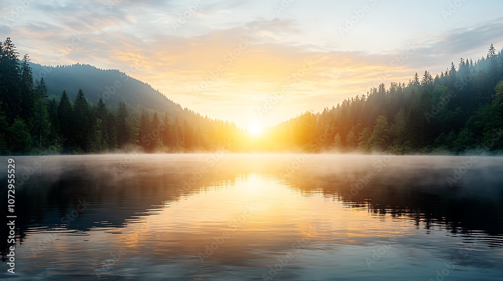 Breathtaking sunrise illuminates serene lake surrounded by majestic mountains and lush forests Breathtaking sunrise illuminates serene lake surrounded by majestic mountains and lush forests
